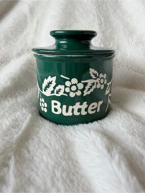 Vintage 1997 L Tremain Original Butter Bell Crock Dark Green White Floral Beurre
